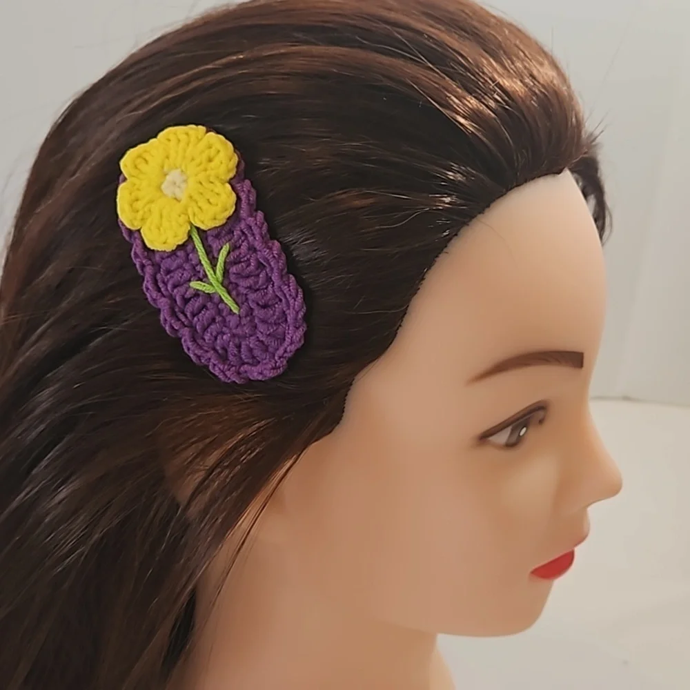 Hand Crafted crochet hair clip handmade  purple with yellow flower snap clip bow